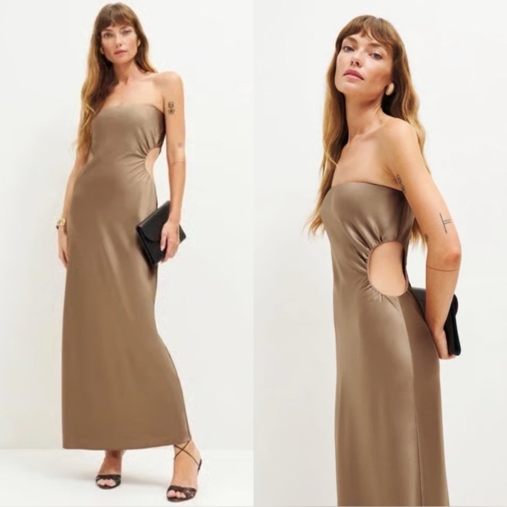 NWT Reformation Nevaeh Satin Cut-Out Maxi Dress In Chanterelle/Gold Large